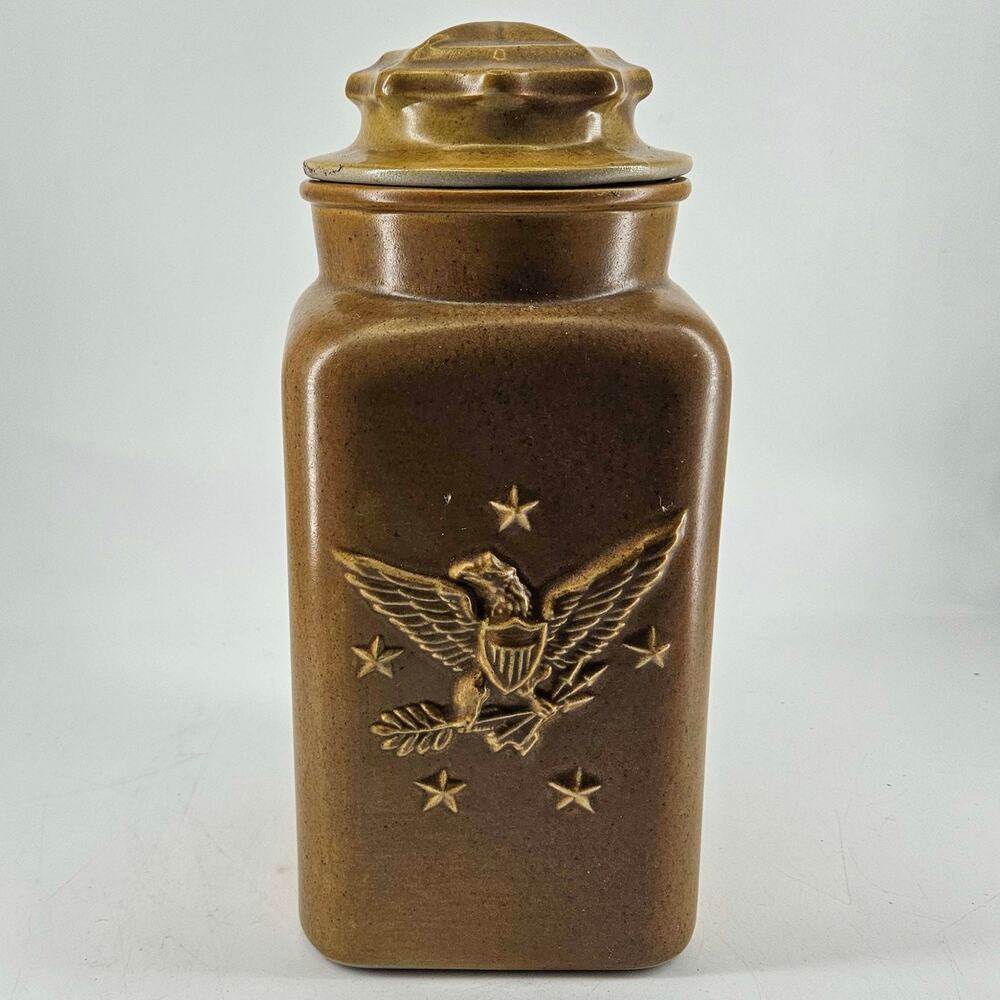 Vintage bicentennial eagle pottery stoneware canister jar w lid brown blue glaze